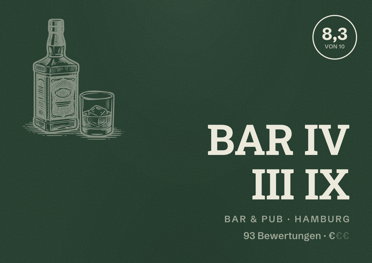 Illustriertes Poster von BAR IV III IX, Bar & Pub in Hamburg: Bewertung 8,3 von 10 aus 93 Bewertungen, Preisniveau €