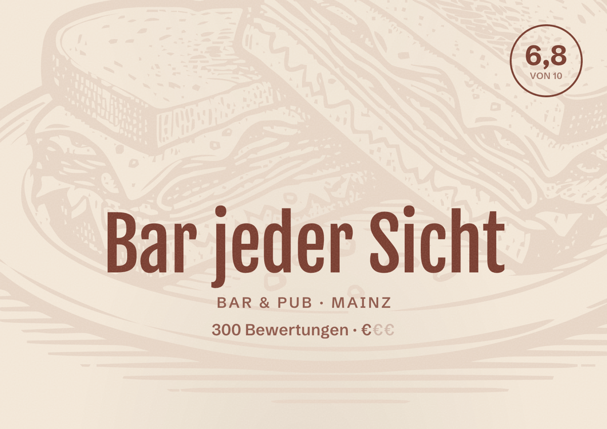 Illustriertes Poster von Bar jeder Sicht, Bar & Pub in Mainz: Bewertung 6,8 von 10 aus 300 Bewertungen, Preisniveau €