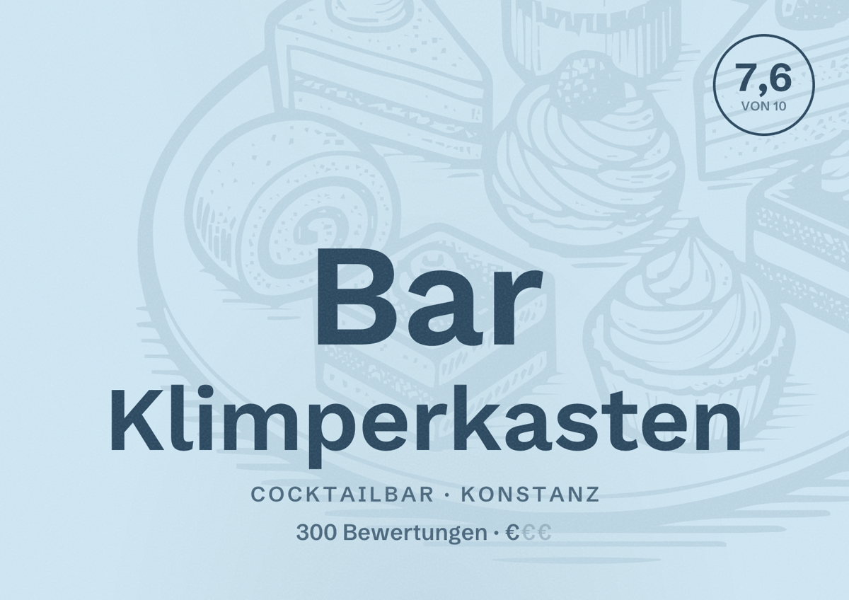 Illustriertes Poster von Bar Klimperkasten, Cocktailbar in Konstanz: Bewertung 7,6 von 10 aus 300 Bewertungen, Preisniveau €
