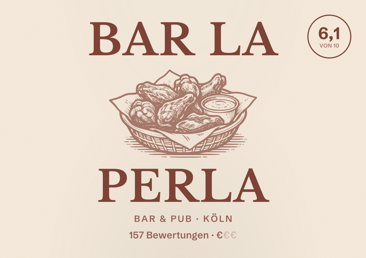 Illustriertes Poster von Bar La Perla, Bar & Pub in Köln: Bewertung 6,1 von 10 aus 157 Bewertungen, Preisniveau €