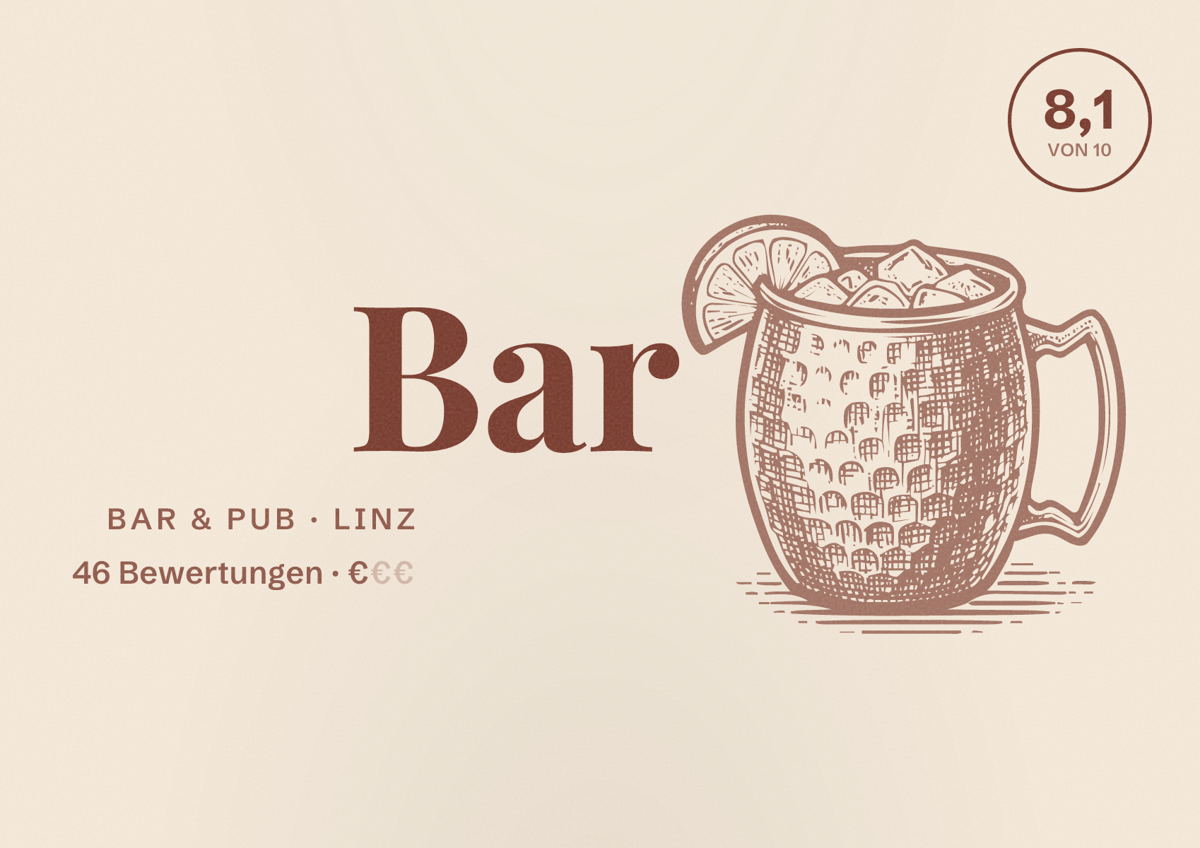 Illustriertes Poster von Bar, Bar & Pub in Linz: Bewertung 8,1 von 10 aus 46 Bewertungen, Preisniveau €