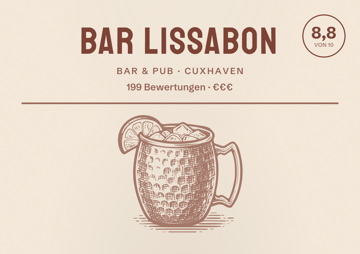 Illustriertes Poster von Bar Lissabon, Bar & Pub in Cuxhaven: Bewertung 8,8 von 10 aus 199 Bewertungen, Preisniveau €€€