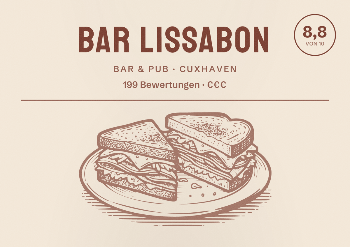 Illustriertes Poster von Bar Lissabon, Bar & Pub in Cuxhaven: Bewertung 8,8 von 10 aus 199 Bewertungen, Preisniveau €€€