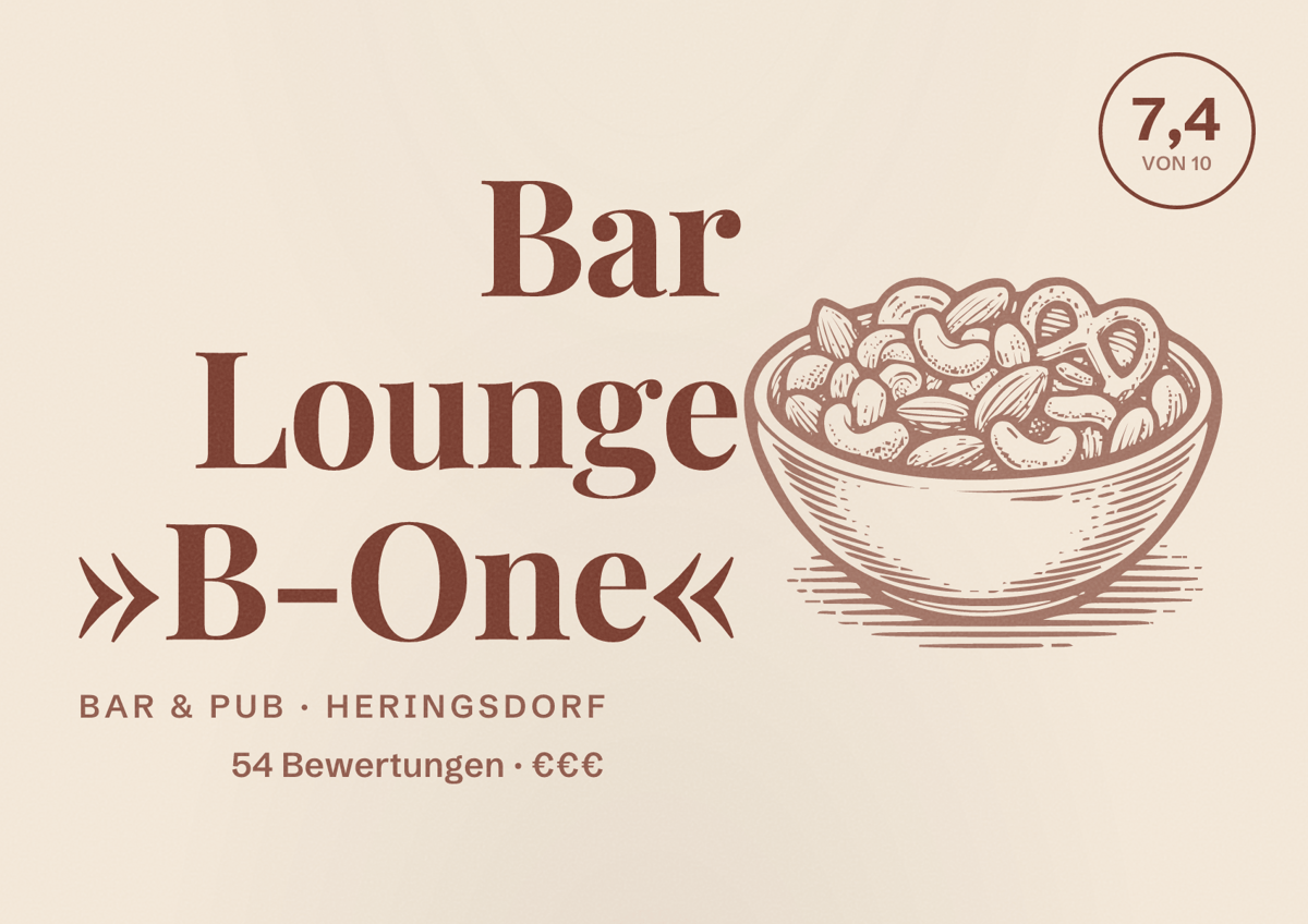 Illustriertes Poster von Bar Lounge »B-One«, Bar & Pub in Heringsdorf: Bewertung 7,4 von 10 aus 54 Bewertungen, Preisniveau €€€