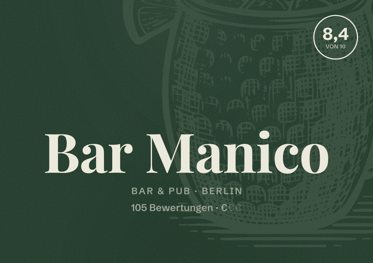 Illustriertes Poster von Bar Manico, Bar & Pub in Berlin: Bewertung 8,4 von 10 aus 105 Bewertungen, Preisniveau €