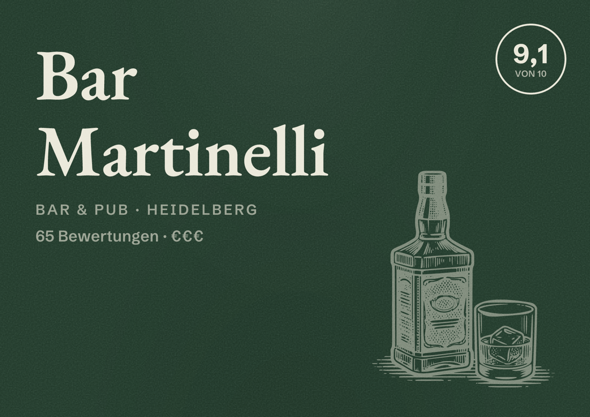 Illustriertes Poster von Bar Martinelli, Bar & Pub in Heidelberg: Bewertung 9,1 von 10 aus 65 Bewertungen, Preisniveau €€€