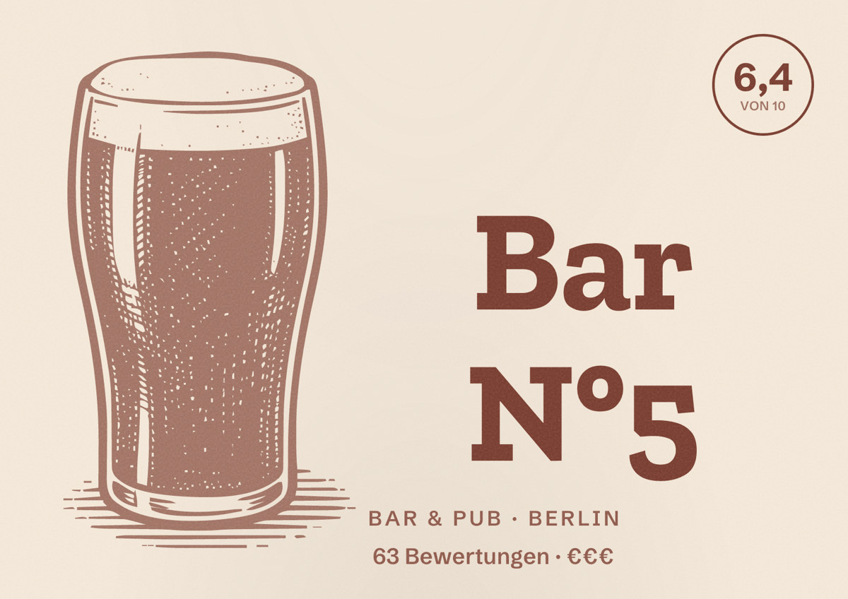 Illustriertes Poster von Bar N°5, Bar & Pub in Berlin: Bewertung 6,4 von 10 aus 63 Bewertungen, Preisniveau €€€