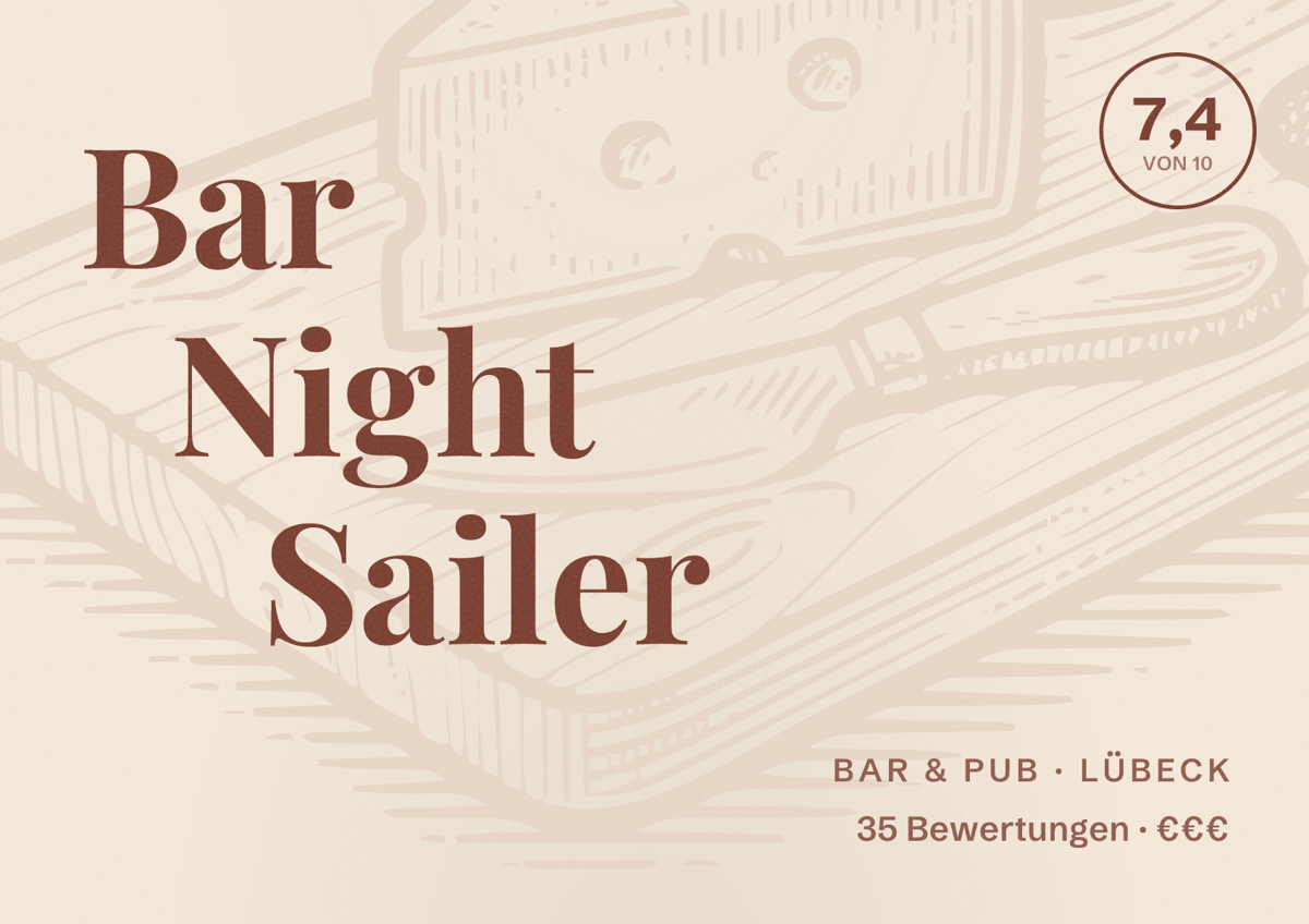 Illustriertes Poster von Bar Night Sailer, Bar & Pub in Lübeck: Bewertung 7,4 von 10 aus 35 Bewertungen, Preisniveau €€€