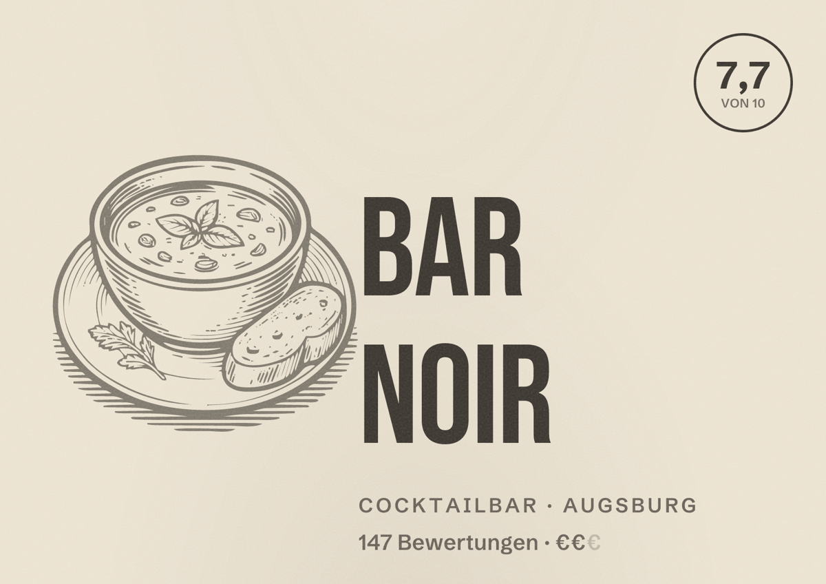 Illustriertes Poster von Bar Noir, Cocktailbar in Augsburg: Bewertung 7,7 von 10 aus 147 Bewertungen, Preisniveau €€
