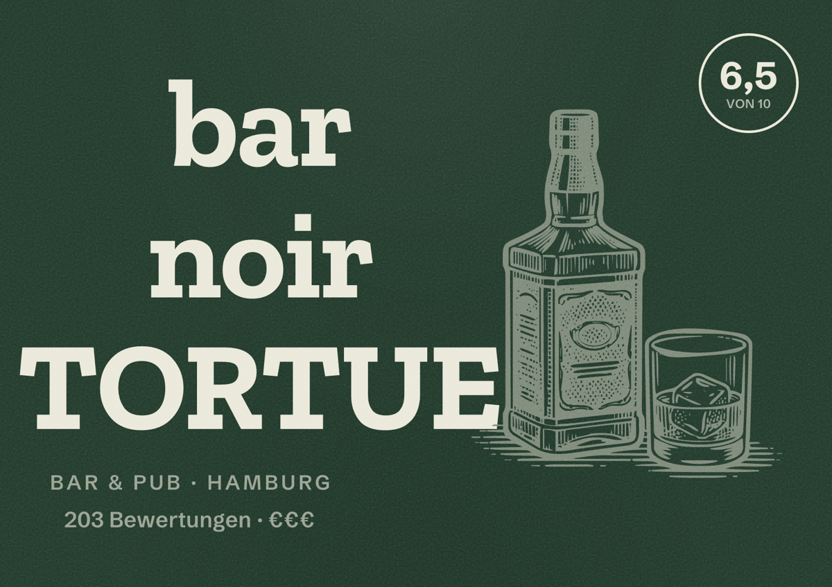 Illustriertes Poster von bar noir TORTUE, Bar & Pub in Hamburg: Bewertung 6,5 von 10 aus 203 Bewertungen, Preisniveau €€€
