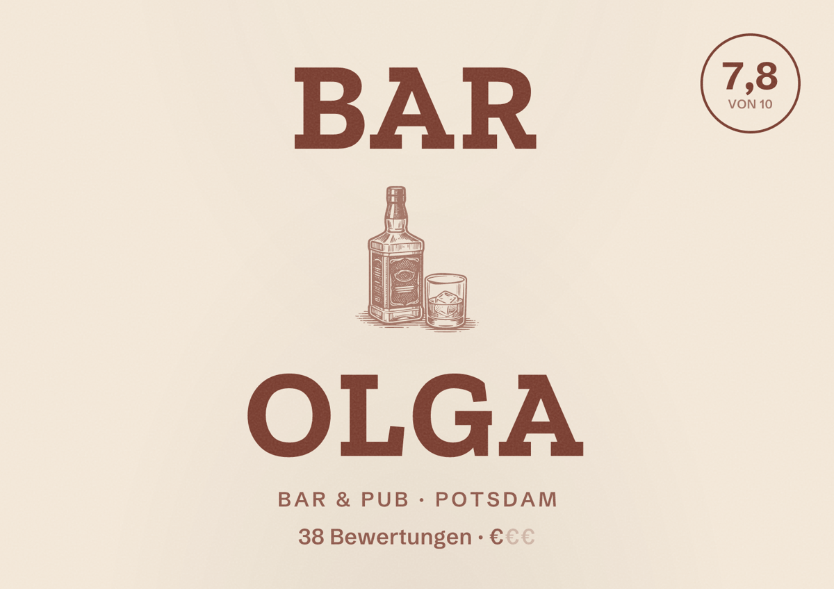 Illustriertes Poster von Bar Olga, Bar & Pub in Potsdam: Bewertung 7,8 von 10 aus 38 Bewertungen, Preisniveau €