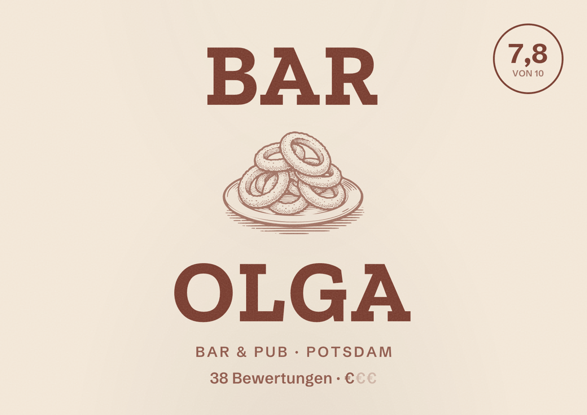 Illustriertes Poster von Bar Olga, Bar & Pub in Potsdam: Bewertung 7,8 von 10 aus 38 Bewertungen, Preisniveau €