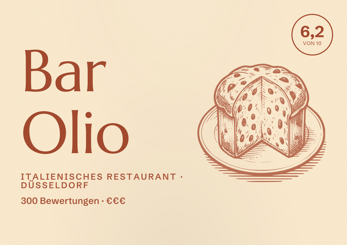 Illustriertes Poster von Bar Olio, Italienisches Restaurant in Düsseldorf: Bewertung 6,2 von 10 aus 300 Bewertungen, Preisniveau €€€
