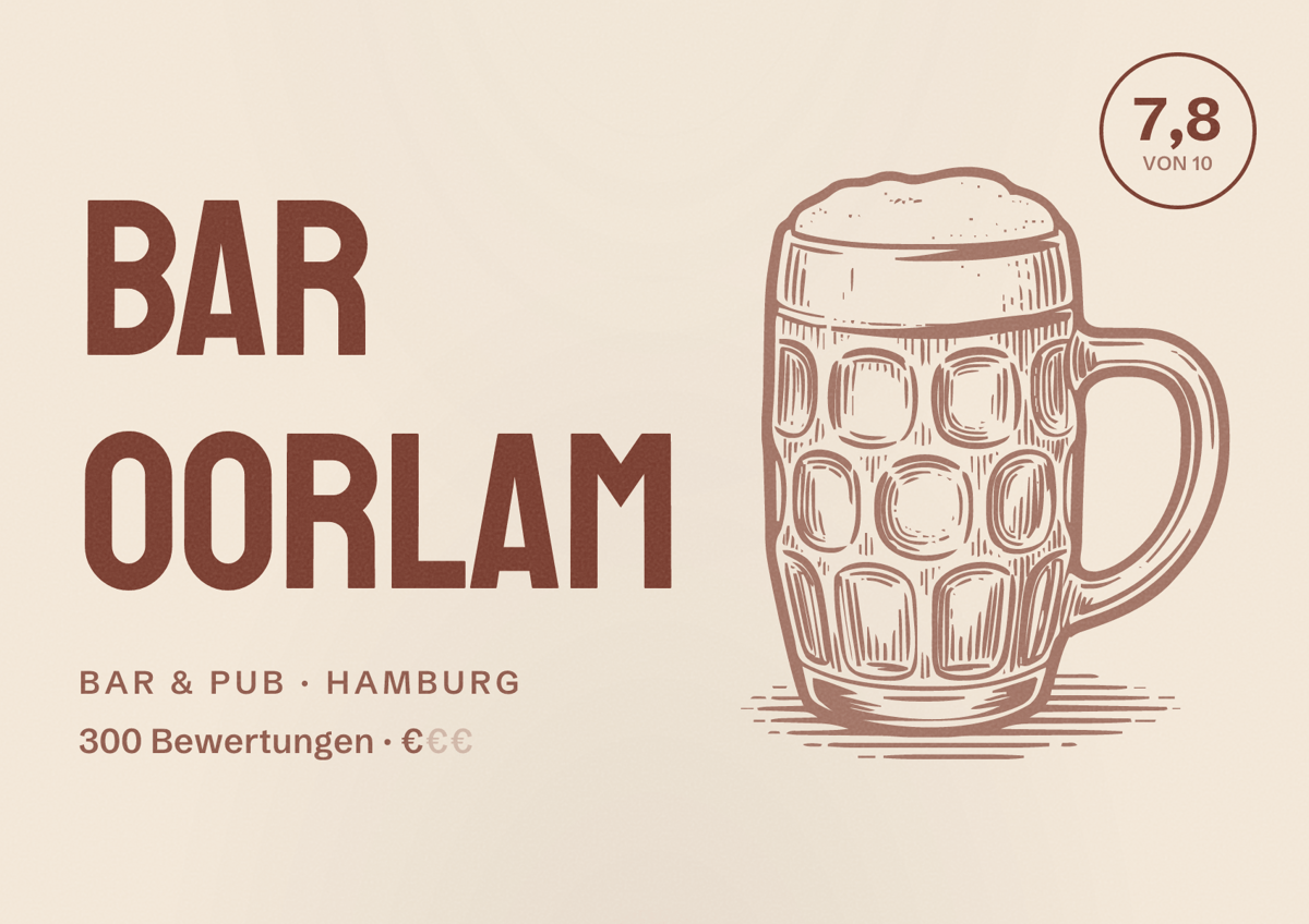 Illustriertes Poster von Bar Oorlam, Bar & Pub in Hamburg: Bewertung 7,8 von 10 aus 300 Bewertungen, Preisniveau €