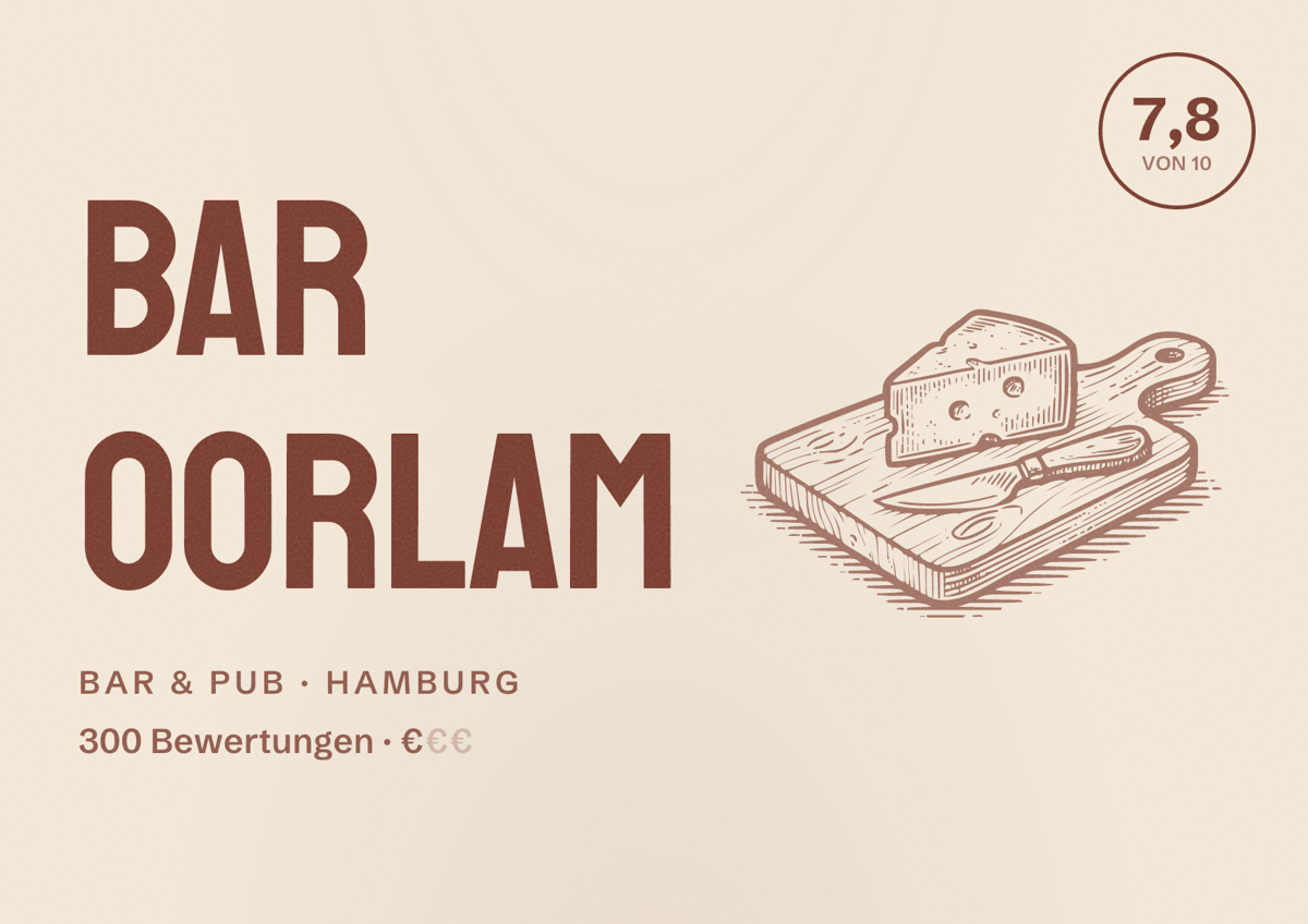 Illustriertes Poster von Bar Oorlam, Bar & Pub in Hamburg: Bewertung 7,8 von 10 aus 300 Bewertungen, Preisniveau €