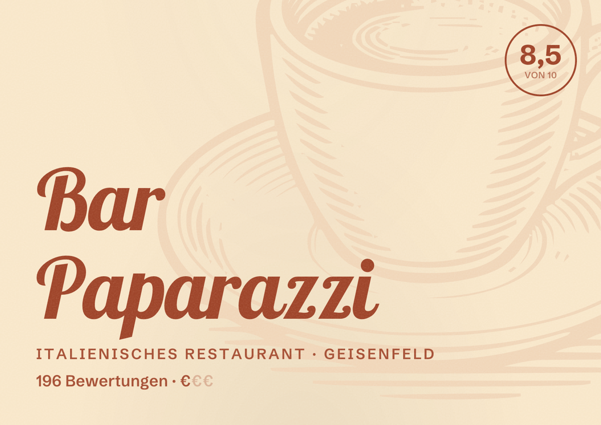 Illustriertes Poster von Bar Paparazzi, Italienisches Restaurant in Geisenfeld: Bewertung 8,5 von 10 aus 196 Bewertungen, Preisniveau €
