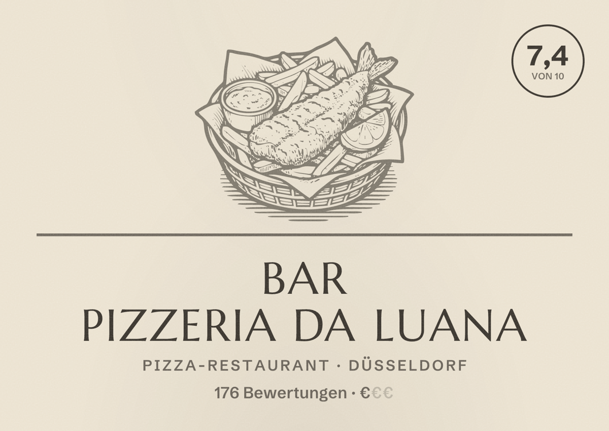 Illustriertes Poster von Bar Pizzeria Da Luana, Pizza-Restaurant in Düsseldorf: Bewertung 7,4 von 10 aus 176 Bewertungen, Preisniveau €