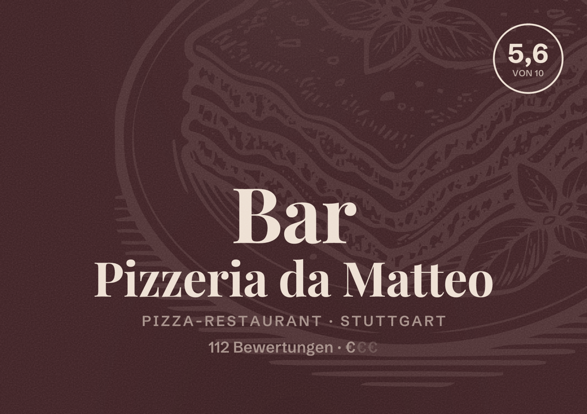 Illustriertes Poster von Bar Pizzeria da Matteo, Pizza-Restaurant in Stuttgart: Bewertung 5,6 von 10 aus 112 Bewertungen, Preisniveau €