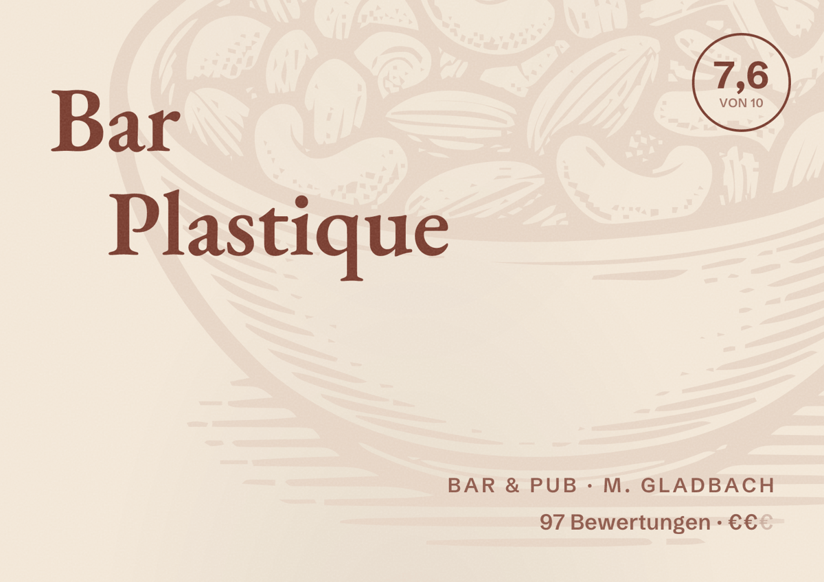 Illustriertes Poster von Bar Plastique, Bar & Pub in M. Gladbach: Bewertung 7,6 von 10 aus 97 Bewertungen, Preisniveau €€