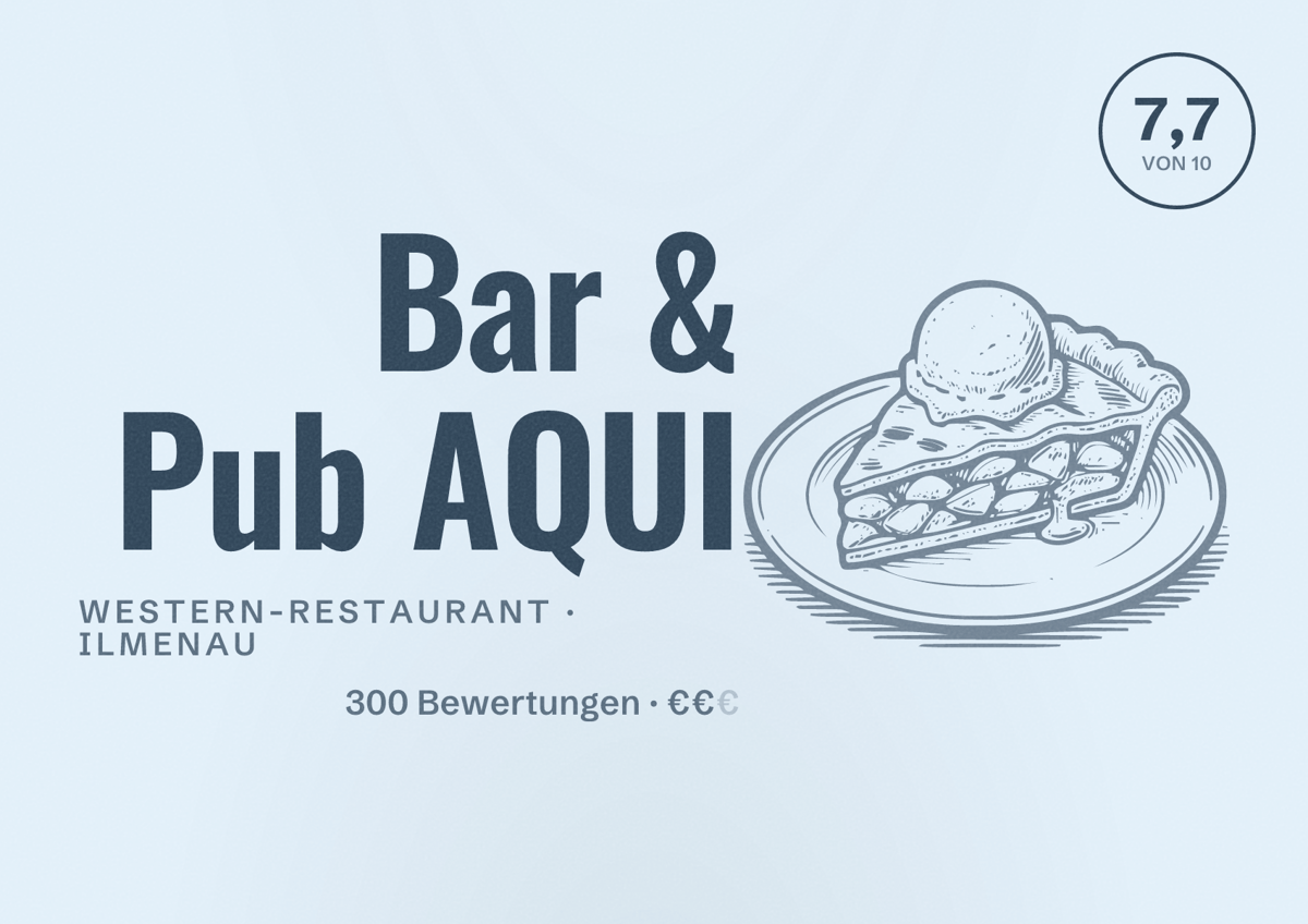 Illustriertes Poster von Bar & Pub AQUI, Western-Restaurant in Ilmenau: Bewertung 7,7 von 10 aus 300 Bewertungen, Preisniveau €€