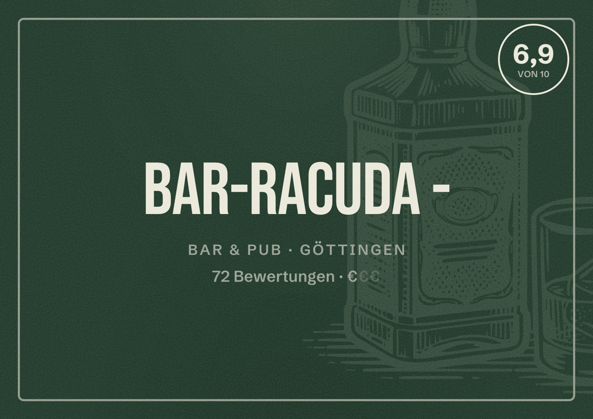 Illustriertes Poster von Bar-Racuda -, Bar & Pub in Göttingen: Bewertung 6,9 von 10 aus 72 Bewertungen, Preisniveau €