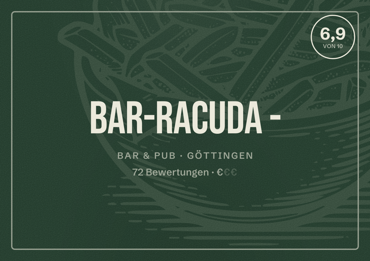 Illustriertes Poster von Bar-Racuda -, Bar & Pub in Göttingen: Bewertung 6,9 von 10 aus 72 Bewertungen, Preisniveau €
