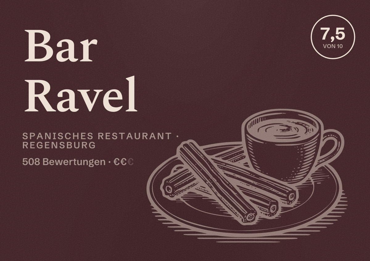 Illustriertes Poster von Bar Ravel, Spanisches Restaurant in Regensburg: Bewertung 7,5 von 10 aus 508 Bewertungen, Preisniveau €€