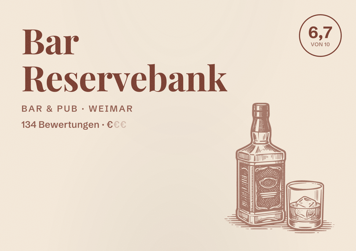 Illustriertes Poster von Bar Reservebank, Bar & Pub in Weimar: Bewertung 6,7 von 10 aus 134 Bewertungen, Preisniveau €