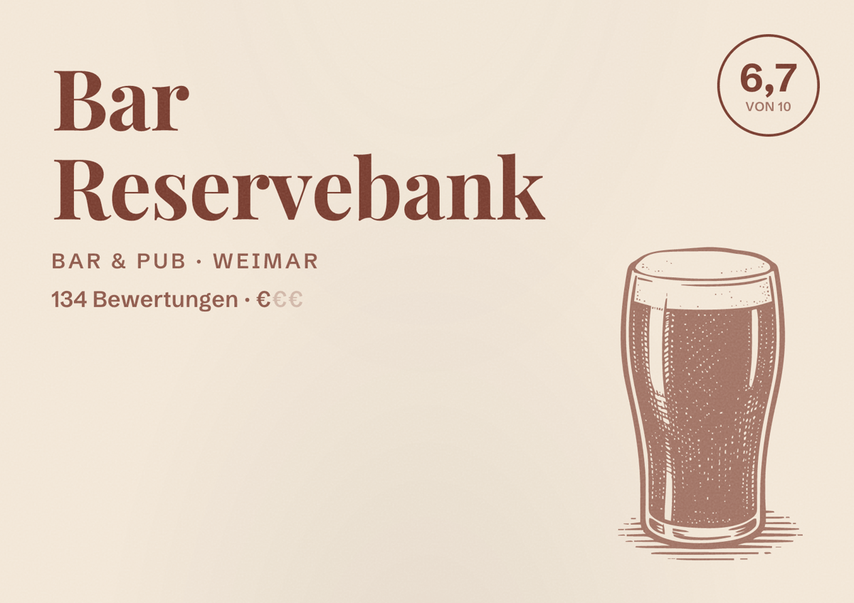 Illustriertes Poster von Bar Reservebank, Bar & Pub in Weimar: Bewertung 6,7 von 10 aus 134 Bewertungen, Preisniveau €