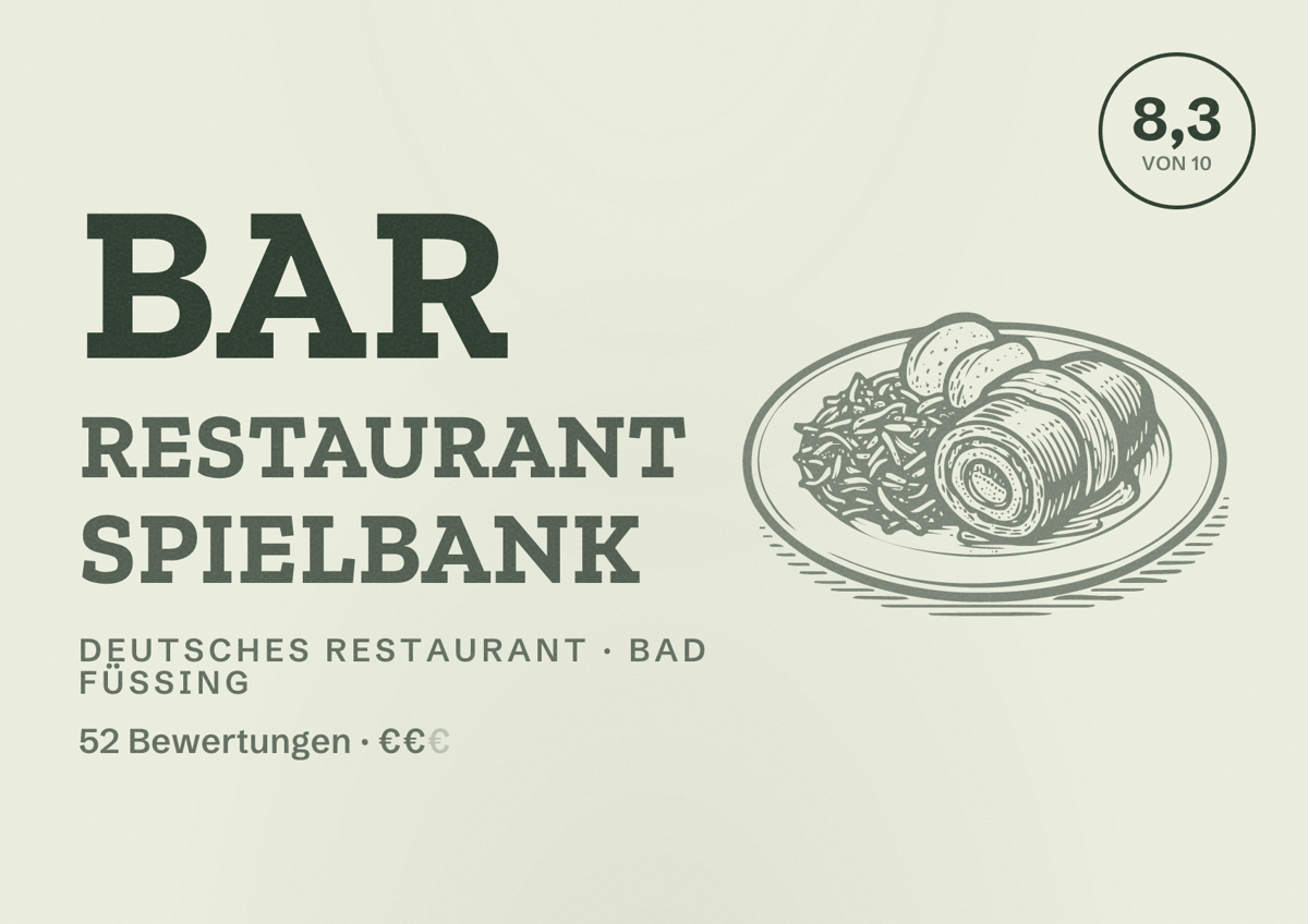 Illustriertes Poster von Bar Restaurant Spielbank, Deutsches Restaurant in Bad Füssing: Bewertung 8,3 von 10 aus 52 Bewertungen, Preisniveau €€