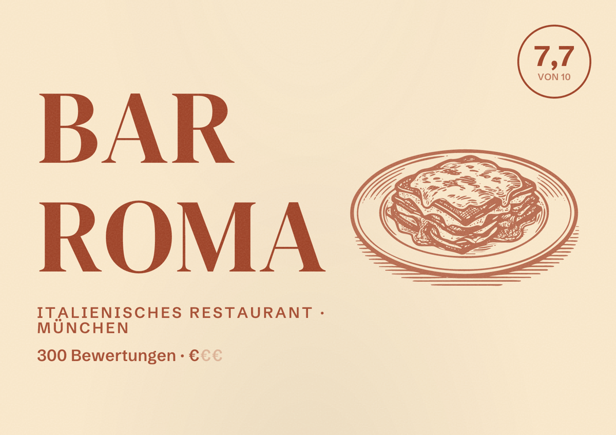 Illustriertes Poster von Bar Roma, Italienisches Restaurant in München: Bewertung 7,7 von 10 aus 300 Bewertungen, Preisniveau €