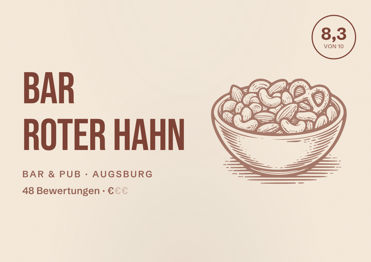 Illustriertes Poster von Bar Roter Hahn, Bar & Pub in Augsburg: Bewertung 8,3 von 10 aus 48 Bewertungen, Preisniveau €