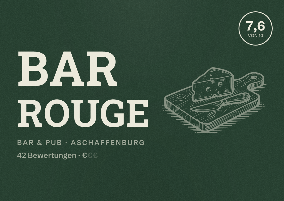 Illustriertes Poster von Bar Rouge, Bar & Pub in Aschaffenburg: Bewertung 7,6 von 10 aus 42 Bewertungen, Preisniveau €