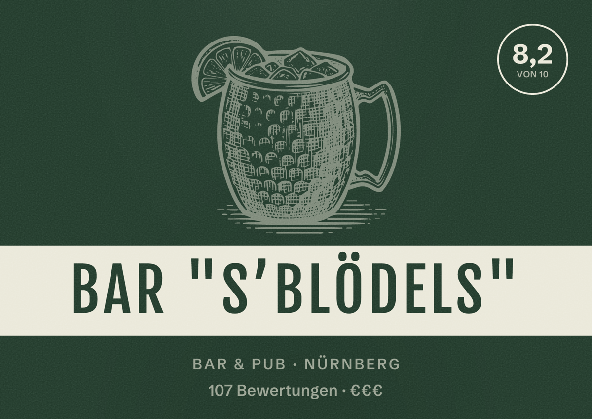 Illustriertes Poster von Bar "s’blödels", Bar & Pub in Nürnberg: Bewertung 8,2 von 10 aus 107 Bewertungen, Preisniveau €€€