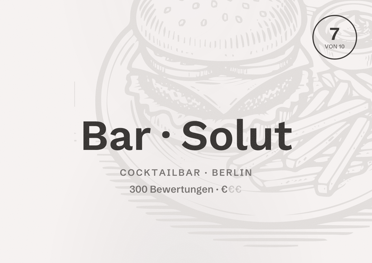 Illustriertes Poster von Bar Solut, Cocktailbar in Berlin: Bewertung 7,0 von 10 aus 300 Bewertungen, Preisniveau €