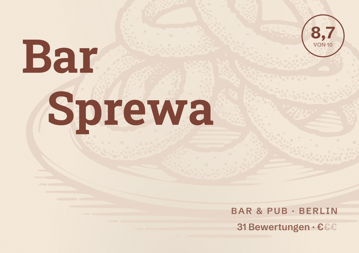 Illustriertes Poster von Bar Sprewa, Bar & Pub in Berlin: Bewertung 8,7 von 10 aus 31 Bewertungen, Preisniveau €