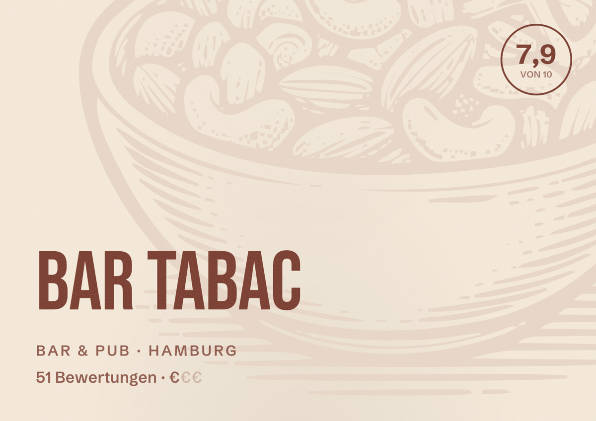 Illustriertes Poster von Bar Tabac, Bar & Pub in Hamburg: Bewertung 7,9 von 10 aus 51 Bewertungen, Preisniveau €