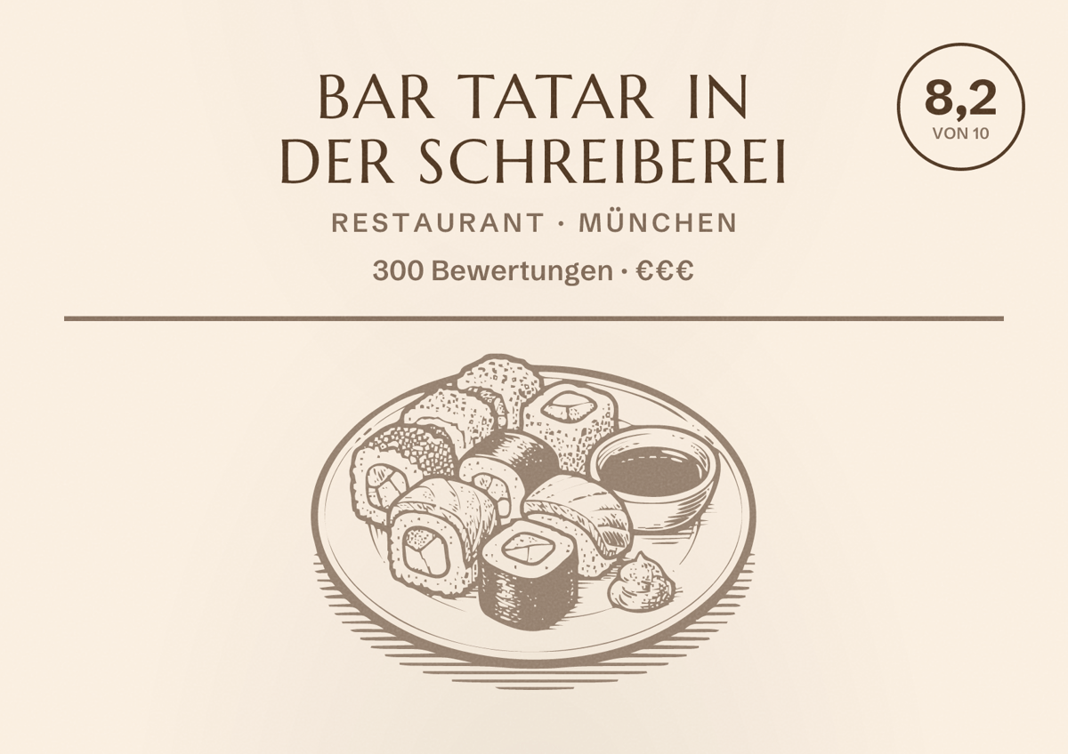 Illustriertes Poster von BAR TATAR in der Schreiberei, Restaurant in München: Bewertung 8,2 von 10 aus 300 Bewertungen, Preisniveau €€€