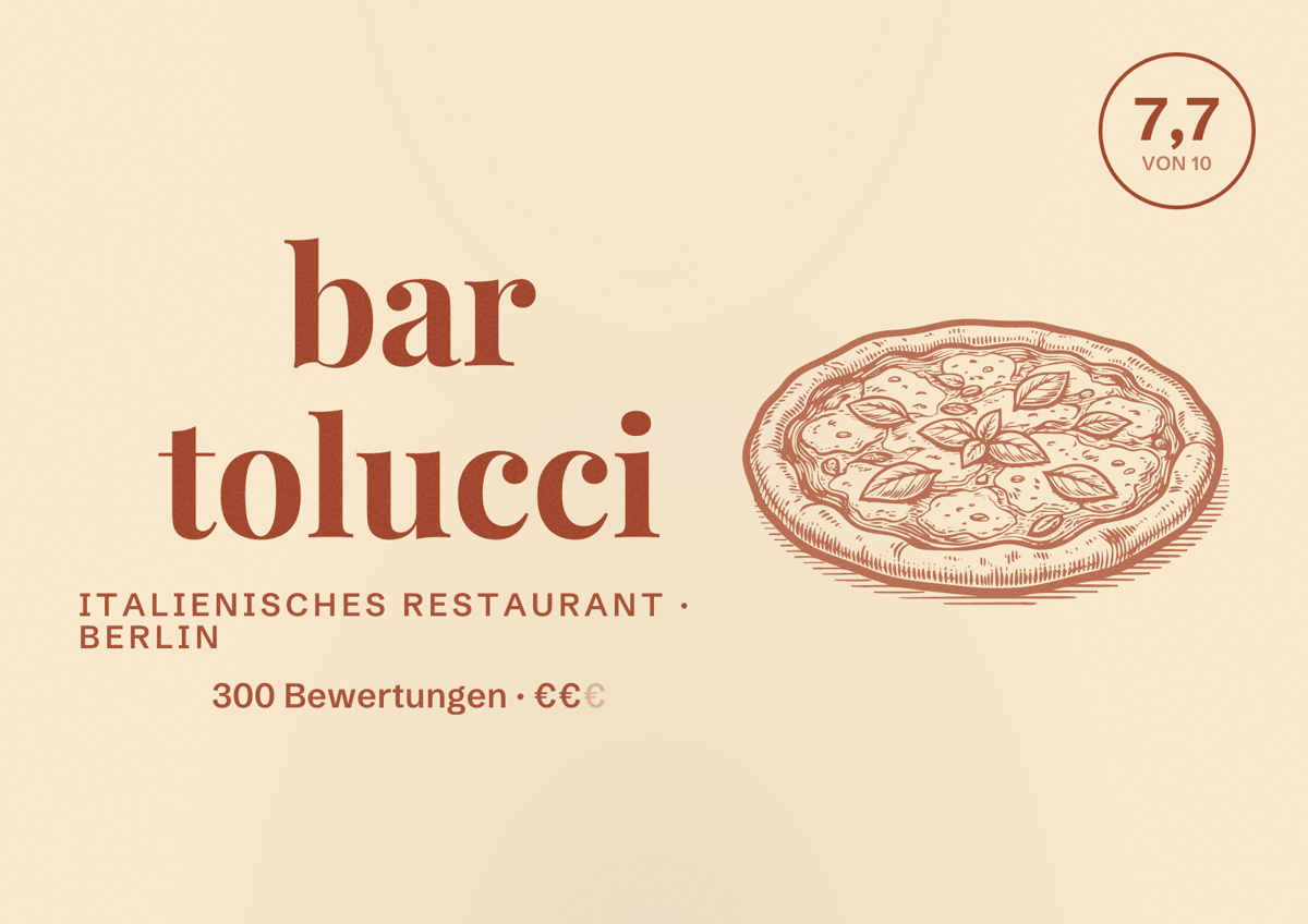 Illustriertes Poster von bar tolucci, Italienisches Restaurant in Berlin: Bewertung 7,7 von 10 aus 300 Bewertungen, Preisniveau €€