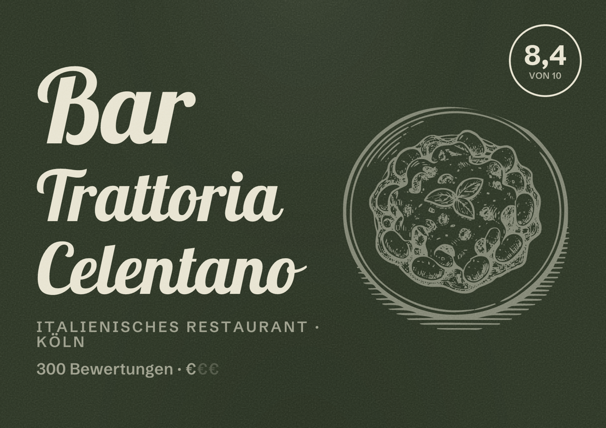 Illustriertes Poster von Bar Trattoria Celentano, Italienisches Restaurant in Köln: Bewertung 8,4 von 10 aus 300 Bewertungen, Preisniveau €