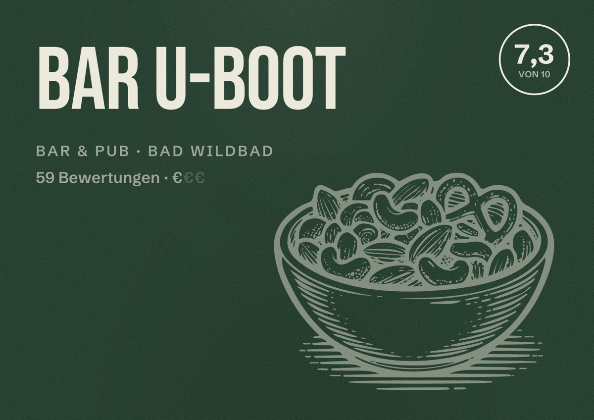 Illustriertes Poster von Bar U-boot, Bar & Pub in Bad Wildbad: Bewertung 7,3 von 10 aus 59 Bewertungen, Preisniveau €