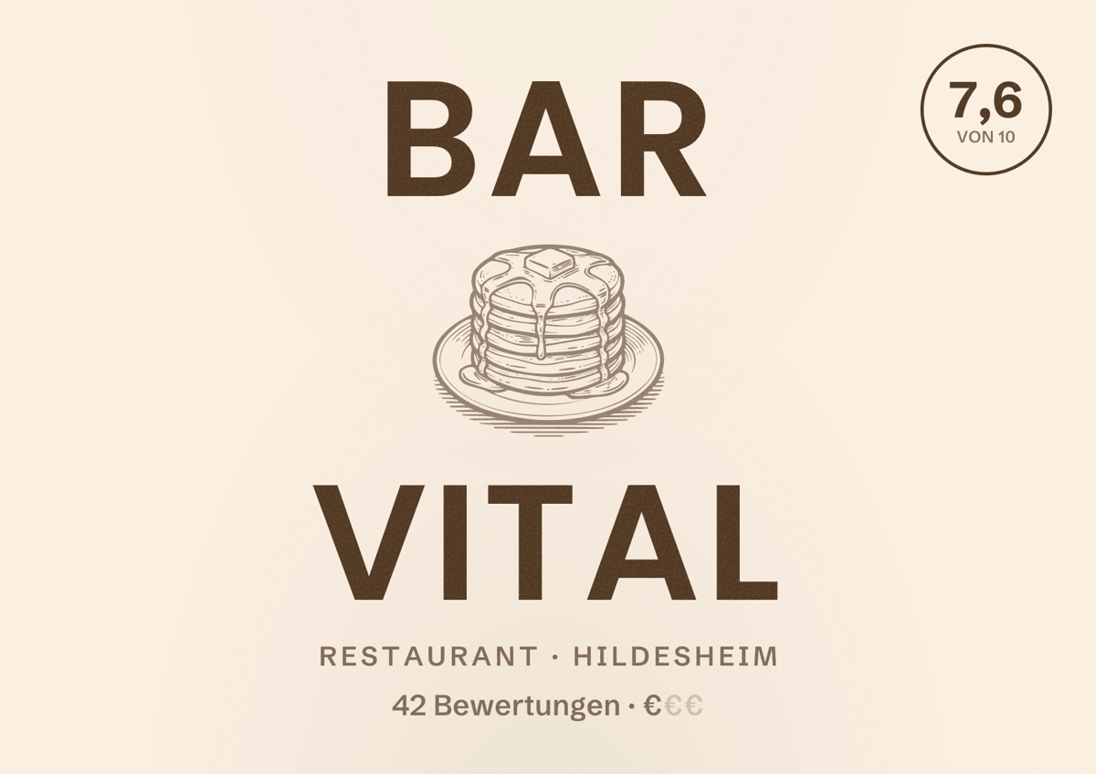 Illustriertes Poster von Bar Vital, Restaurant in Hildesheim: Bewertung 7,6 von 10 aus 42 Bewertungen, Preisniveau €