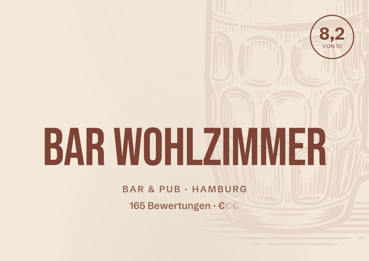 Illustriertes Poster von Bar Wohlzimmer, Bar & Pub in Hamburg: Bewertung 8,2 von 10 aus 165 Bewertungen, Preisniveau €