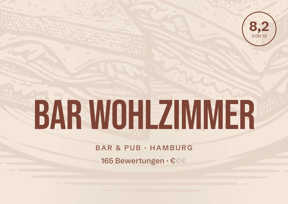 Illustriertes Poster von Bar Wohlzimmer, Bar & Pub in Hamburg: Bewertung 8,2 von 10 aus 165 Bewertungen, Preisniveau €