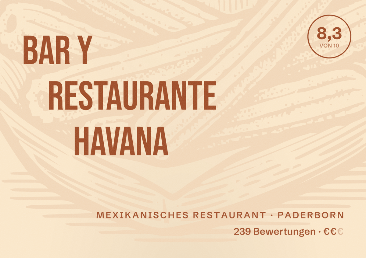 Illustriertes Poster von Bar y Restaurante Havana, Mexikanisches Restaurant in Paderborn: Bewertung 8,3 von 10 aus 239 Bewertungen, Preisniveau €€
