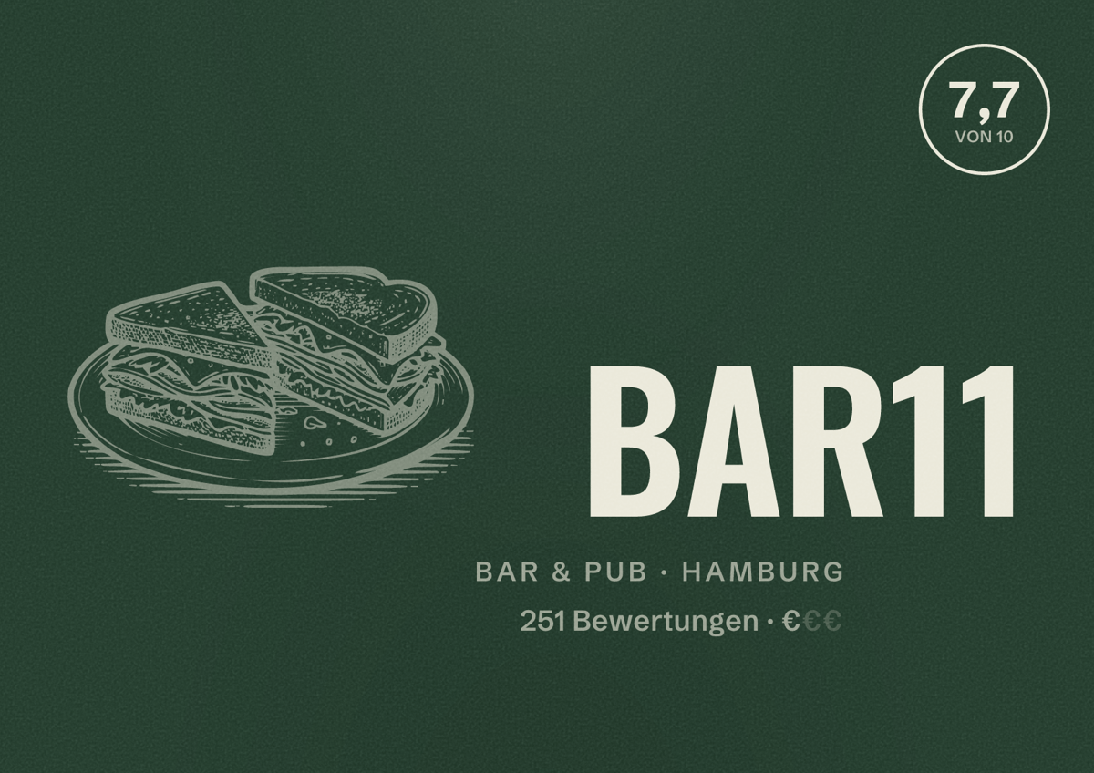 Illustriertes Poster von BAR11, Bar & Pub in Hamburg: Bewertung 7,7 von 10 aus 251 Bewertungen, Preisniveau €