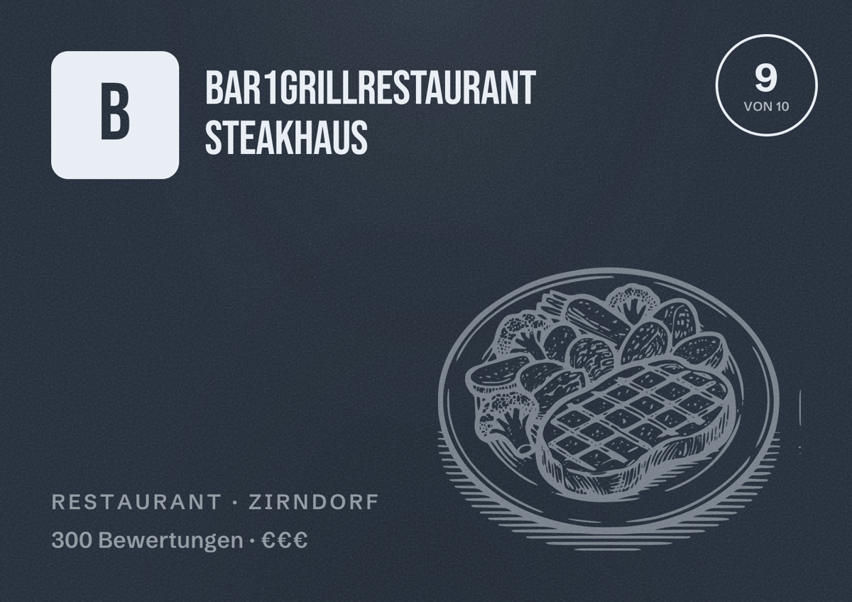 Illustriertes Poster von Bar1grillrestaurant Steakhaus, Restaurant in Zirndorf: Bewertung 9 von 10 aus 300 Bewertungen, Preisniveau €€€