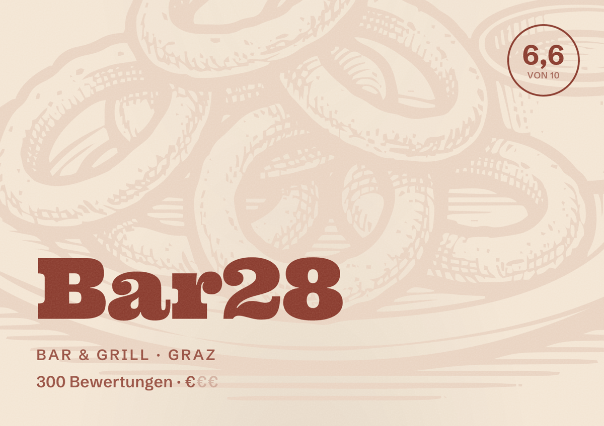 Illustriertes Poster von Bar28, Bar & Grill in Graz: Bewertung 6,6 von 10 aus 300 Bewertungen, Preisniveau €