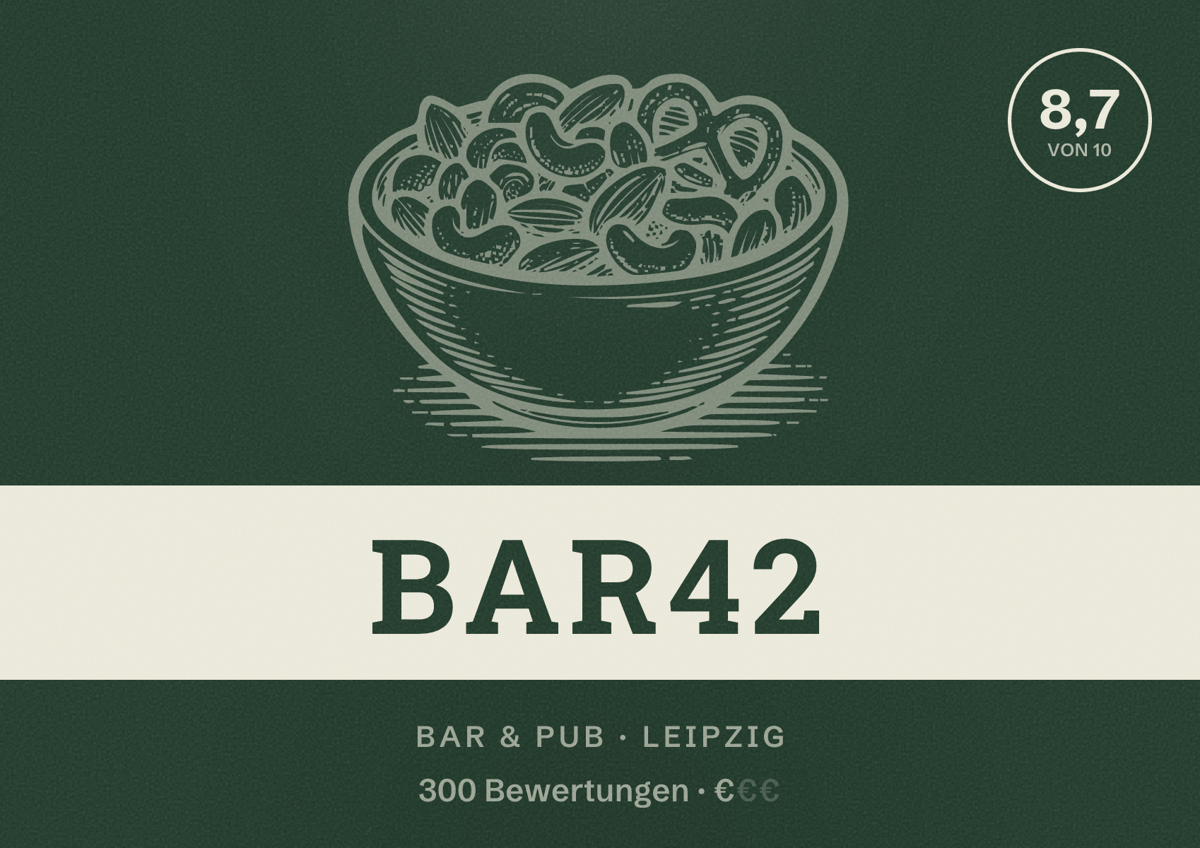Illustriertes Poster von BAR42, Bar & Pub in Leipzig: Bewertung 8,7 von 10 aus 300 Bewertungen, Preisniveau €