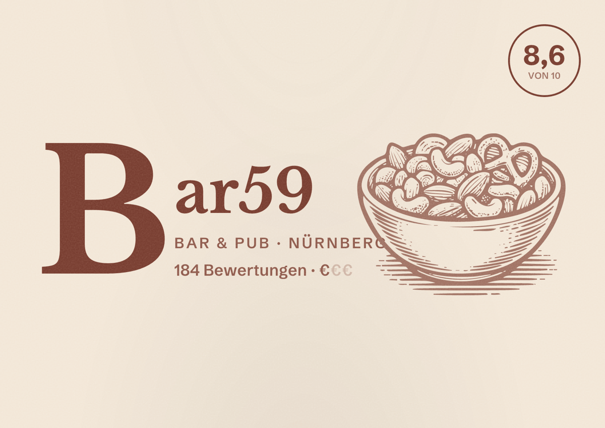 Illustriertes Poster von Bar59, Bar & Pub in Nürnberg: Bewertung 8,6 von 10 aus 184 Bewertungen, Preisniveau €